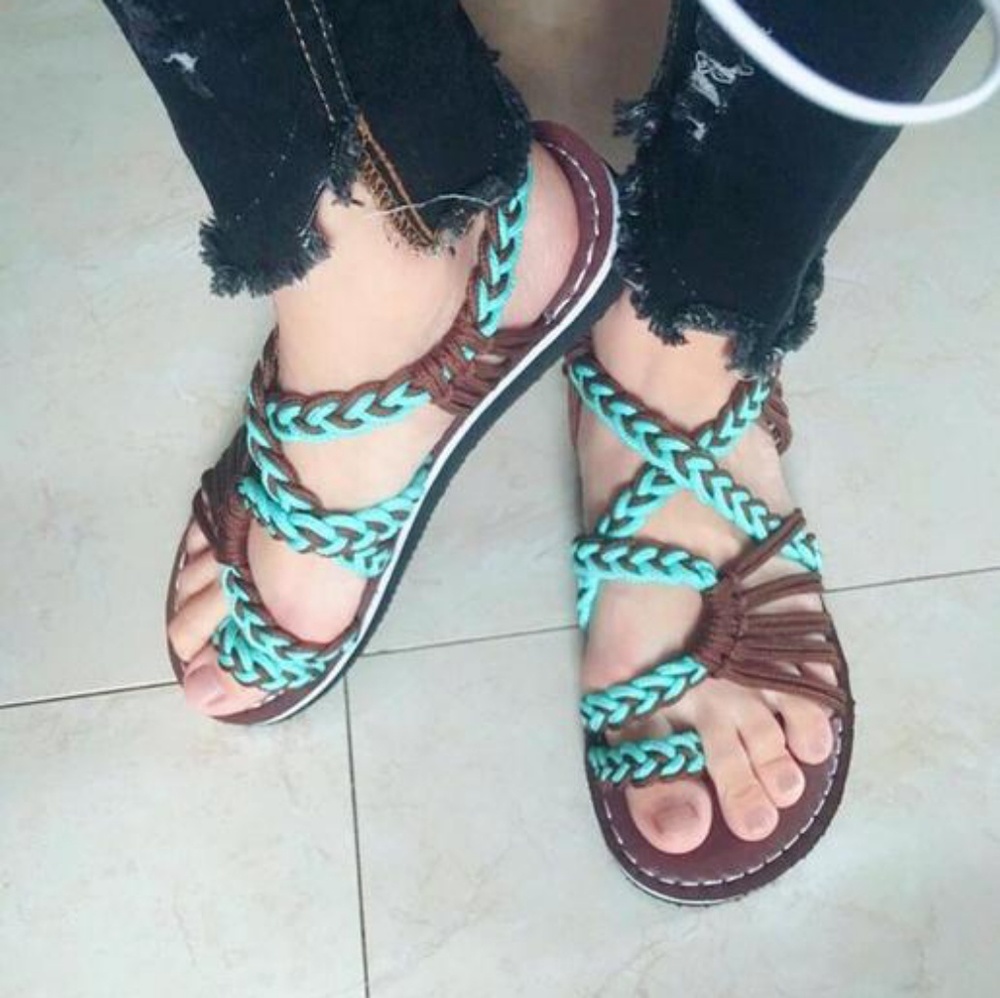 Turquoise and Tan Strappy Sandals size 8 New!